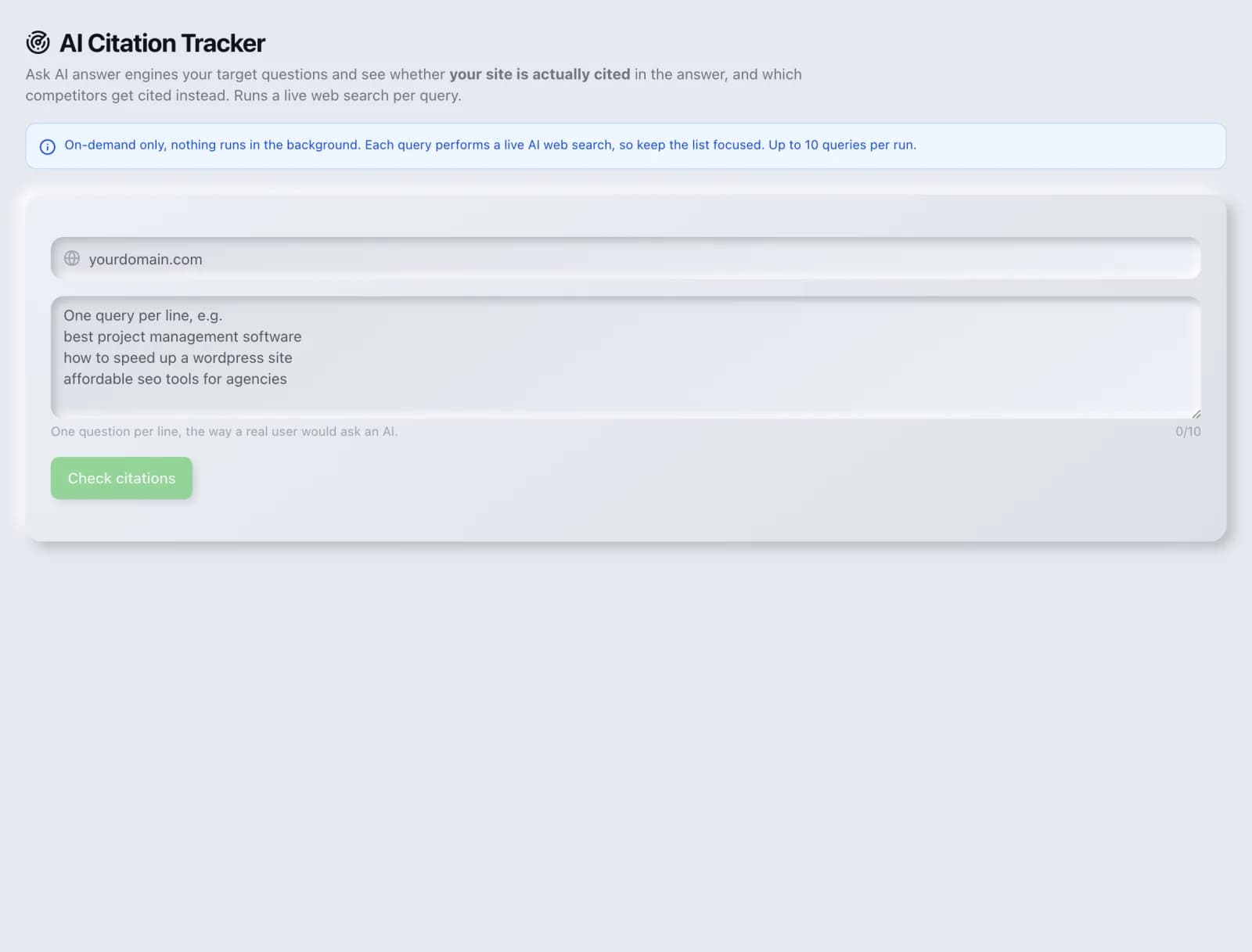 The AI Citation Tracker tool in the SEO Roger dashboard.