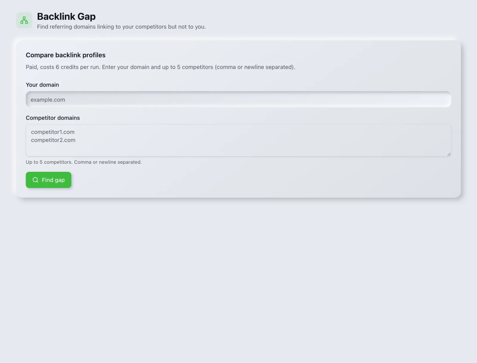 The Backlink Gap tool in the SEO Roger dashboard.
