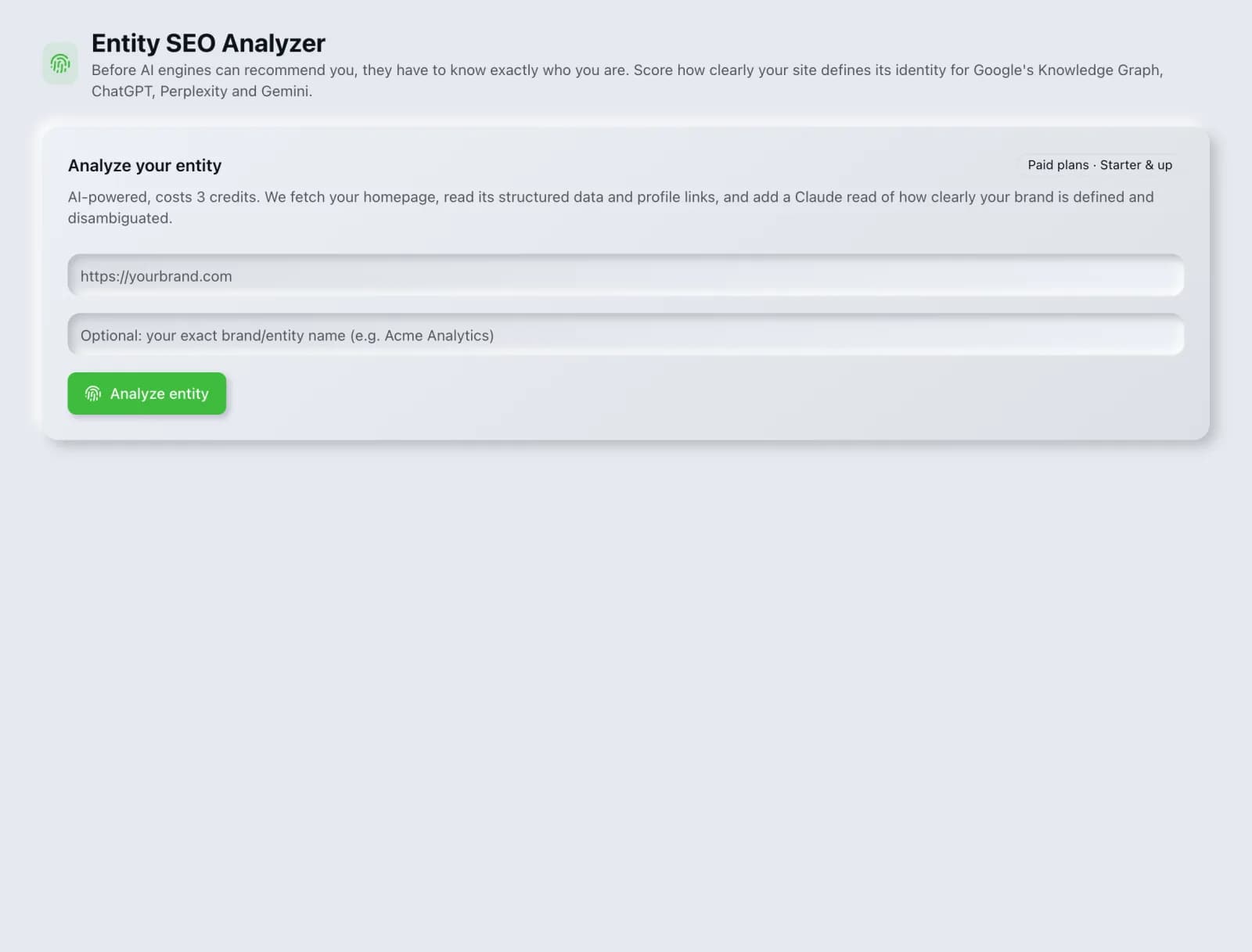 The Entity SEO Analyzer tool in the SEO Roger dashboard.