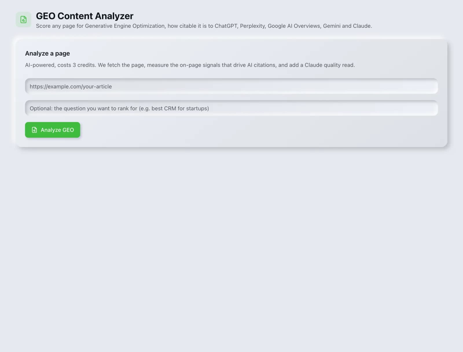 The GEO Content Analyzer tool before a run, showing its inputs.