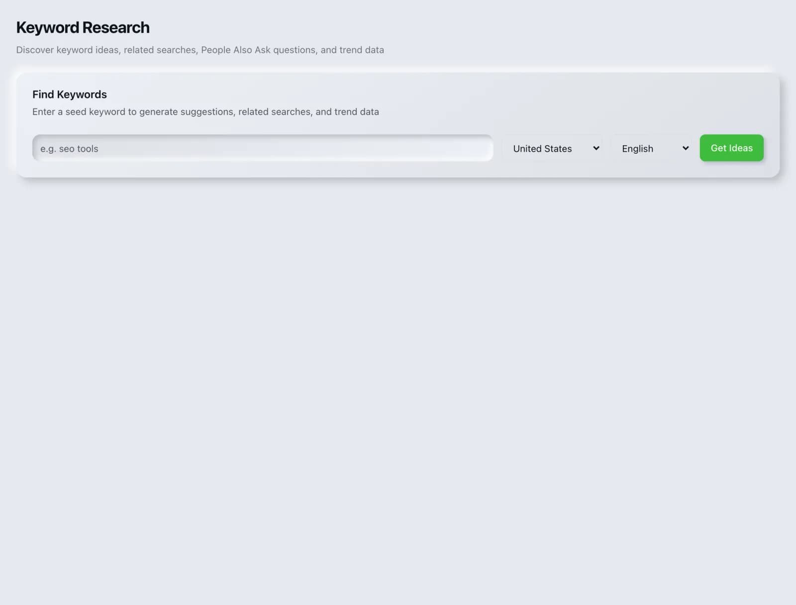 The Keyword Research tool before a run, showing its inputs.