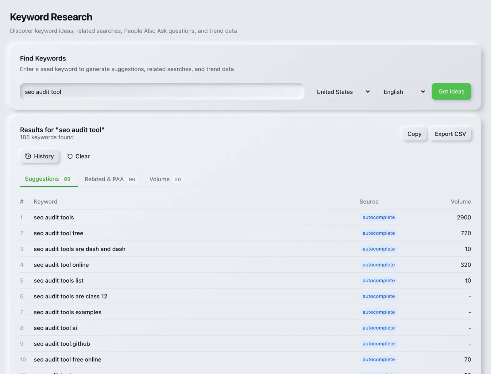 The Keyword Research tool in the SEO Roger dashboard, showing a completed run with real results.