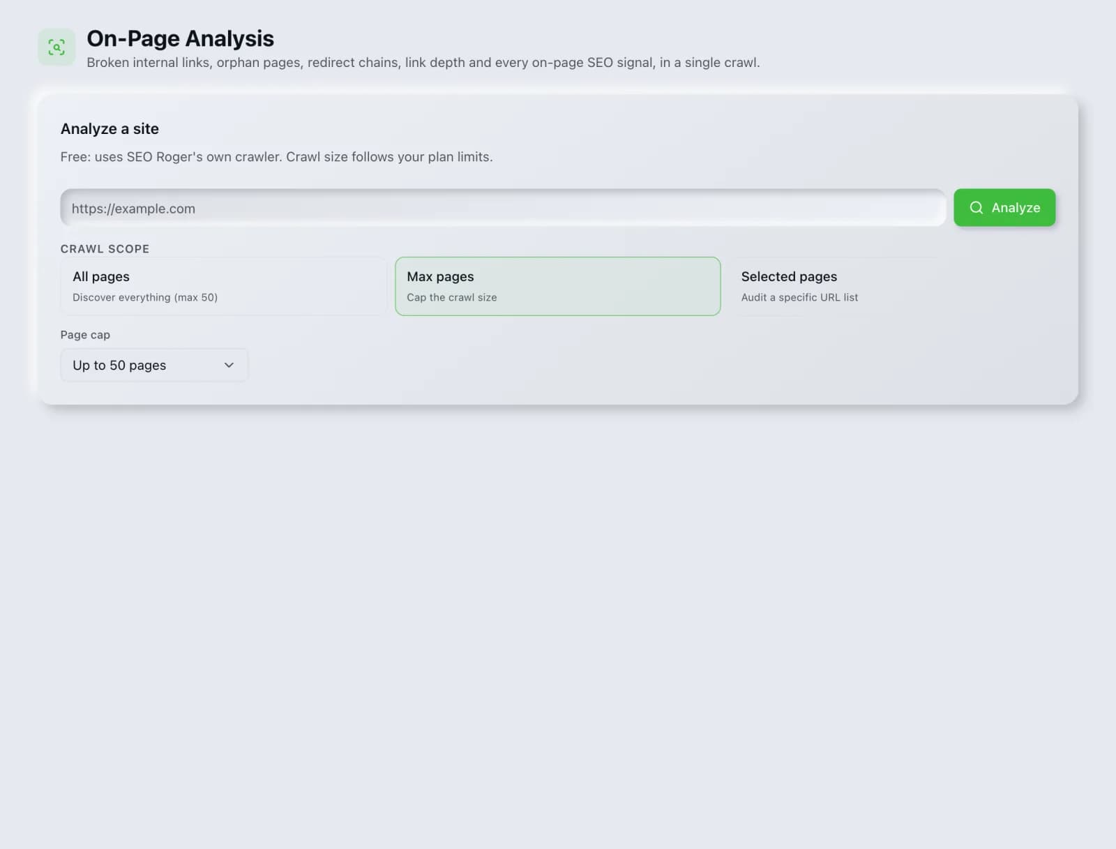 The On-Page Analysis tool in the SEO Roger dashboard.