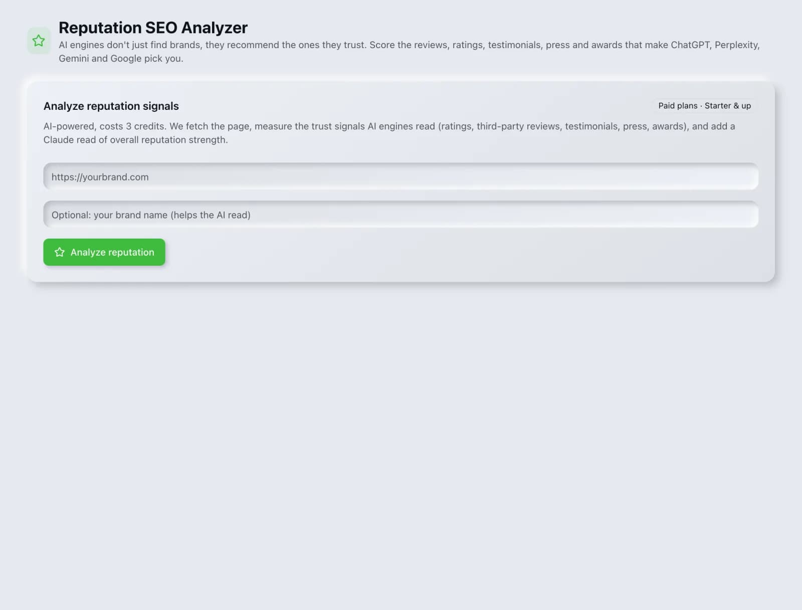 The Reputation SEO Analyzer tool in the SEO Roger dashboard.