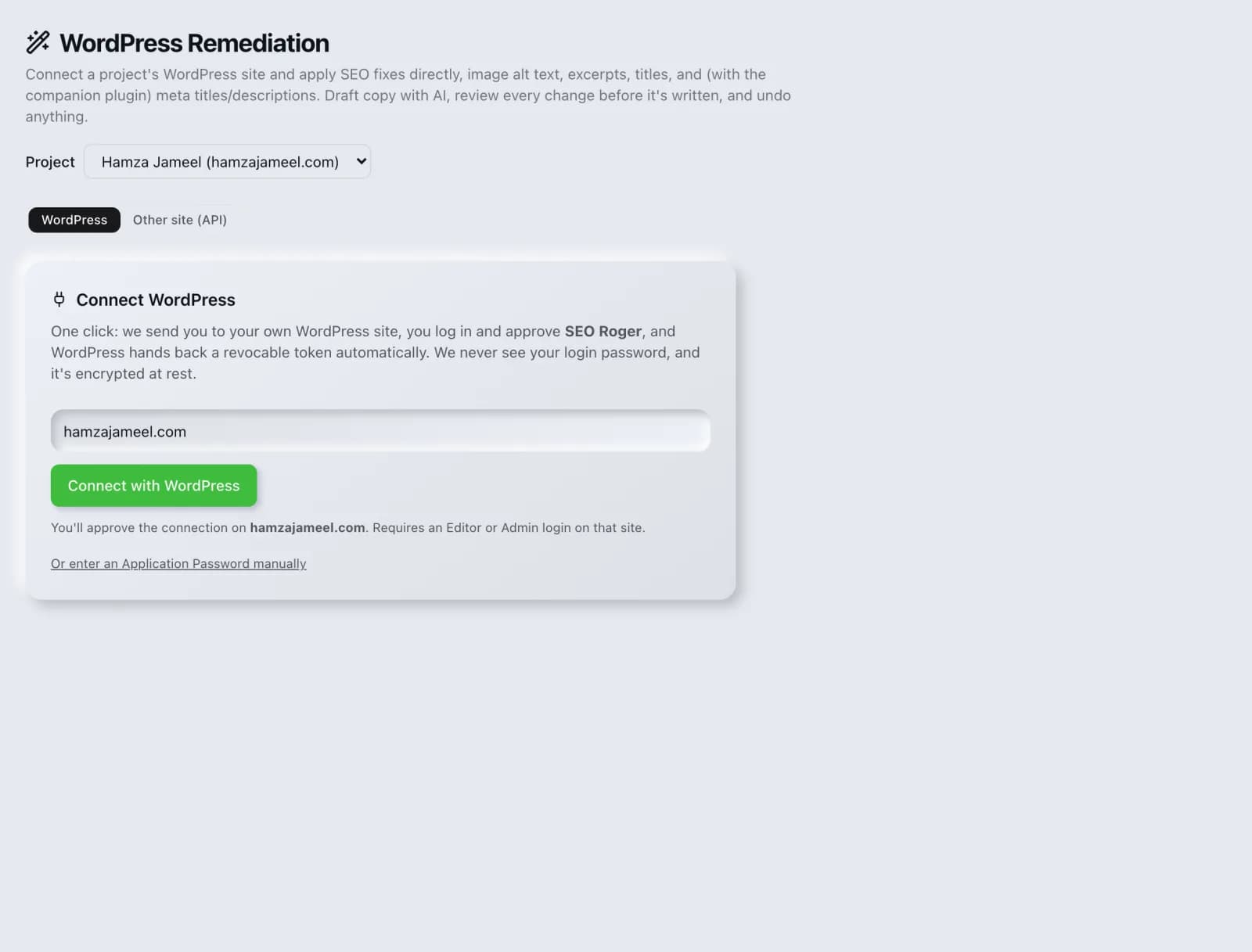 The WordPress Remediation tool in the SEO Roger dashboard.