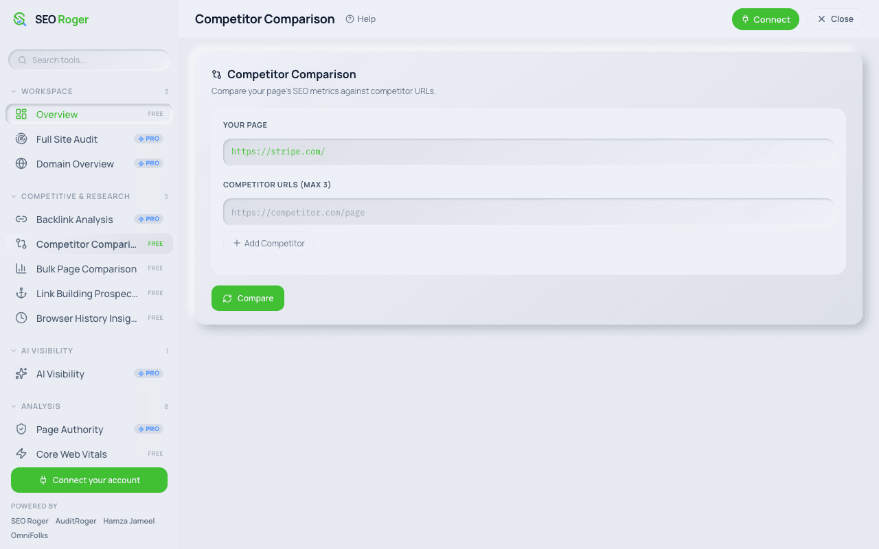 The Competitor Comparison tool with the current page pre-filled and room for up to three competitor URLs.