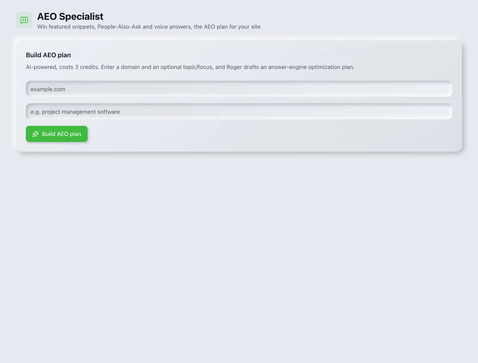 The AEO Specialist tool in the SEO Roger dashboard.