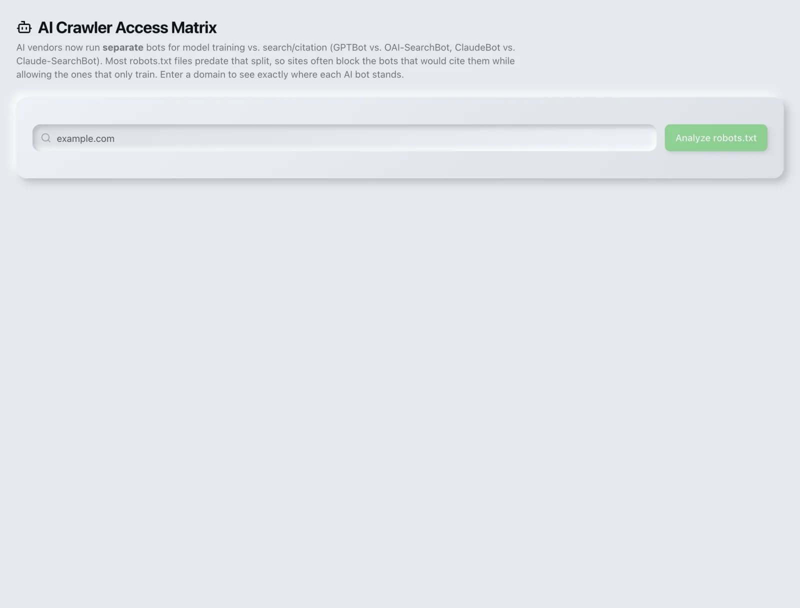 The AI Crawler Matrix tool in the SEO Roger dashboard.