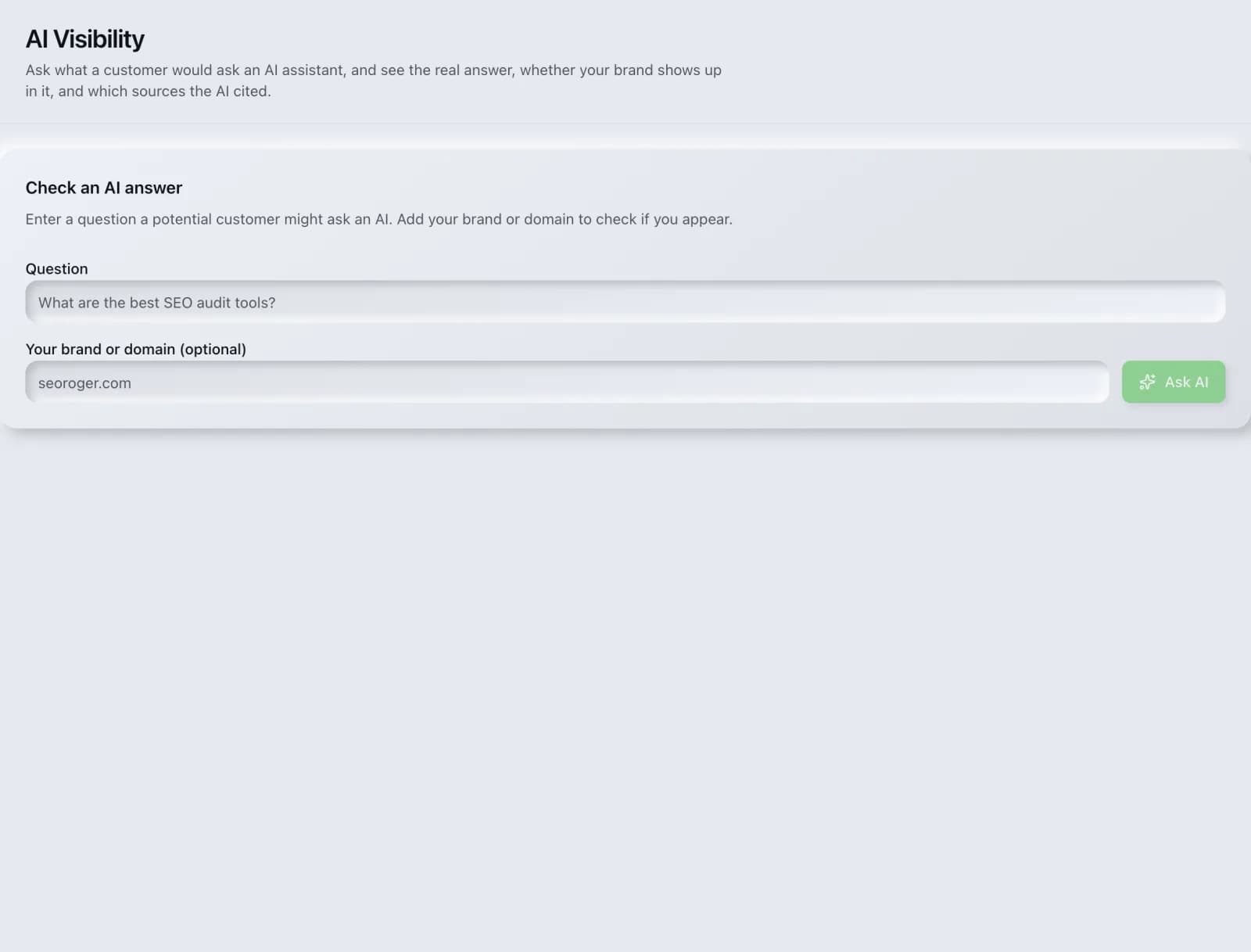 The AI Visibility tool before a run, showing its inputs.