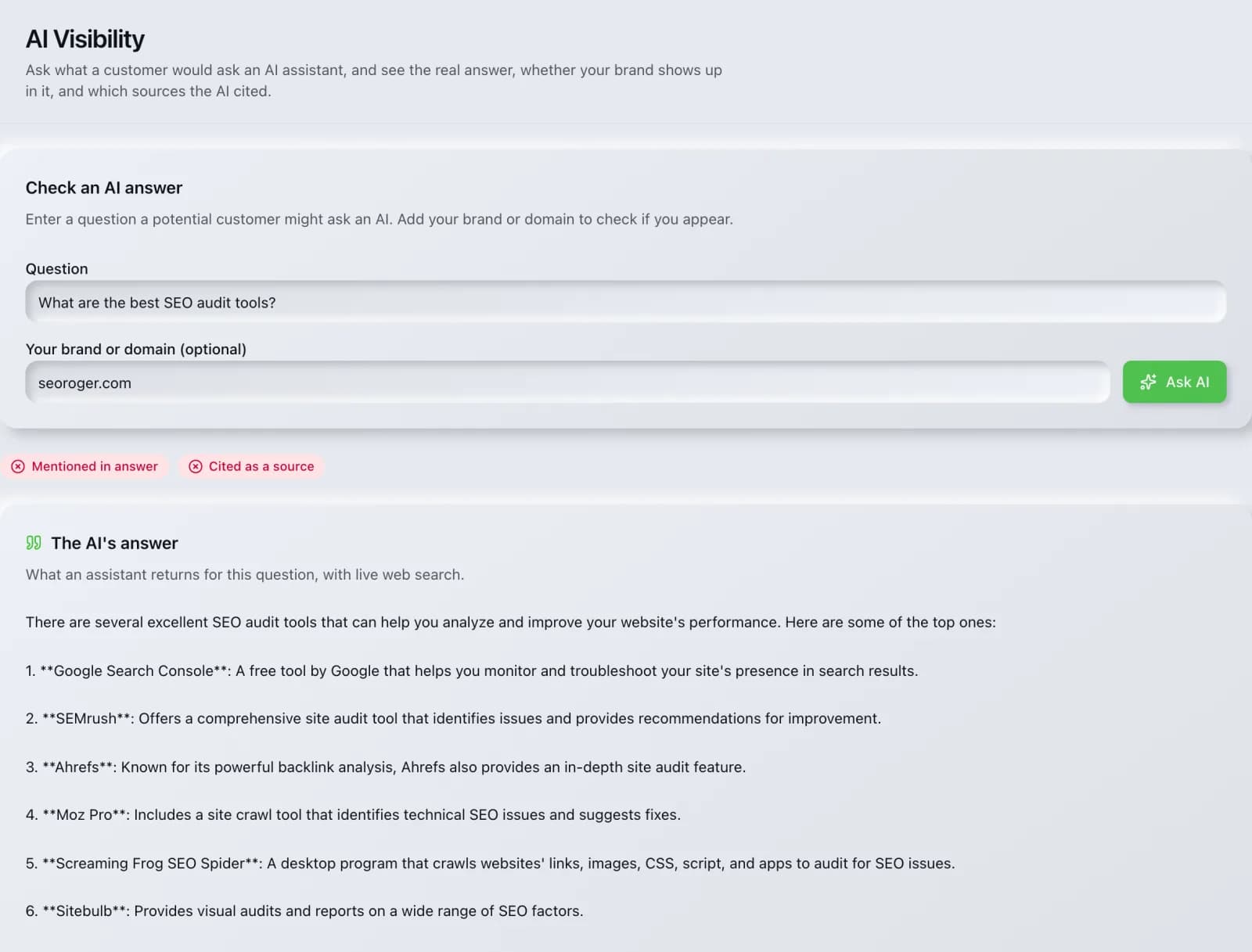 The AI Visibility tool in the SEO Roger dashboard, showing a completed run with real results.