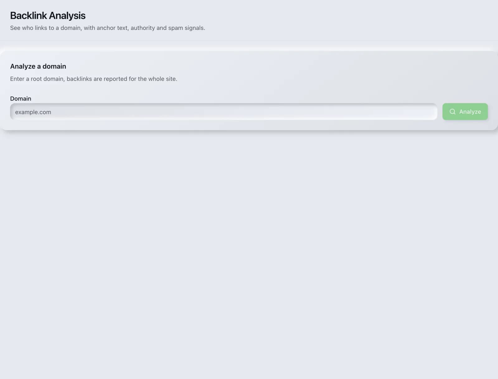 The Backlink Analysis tool before a run, showing its inputs.