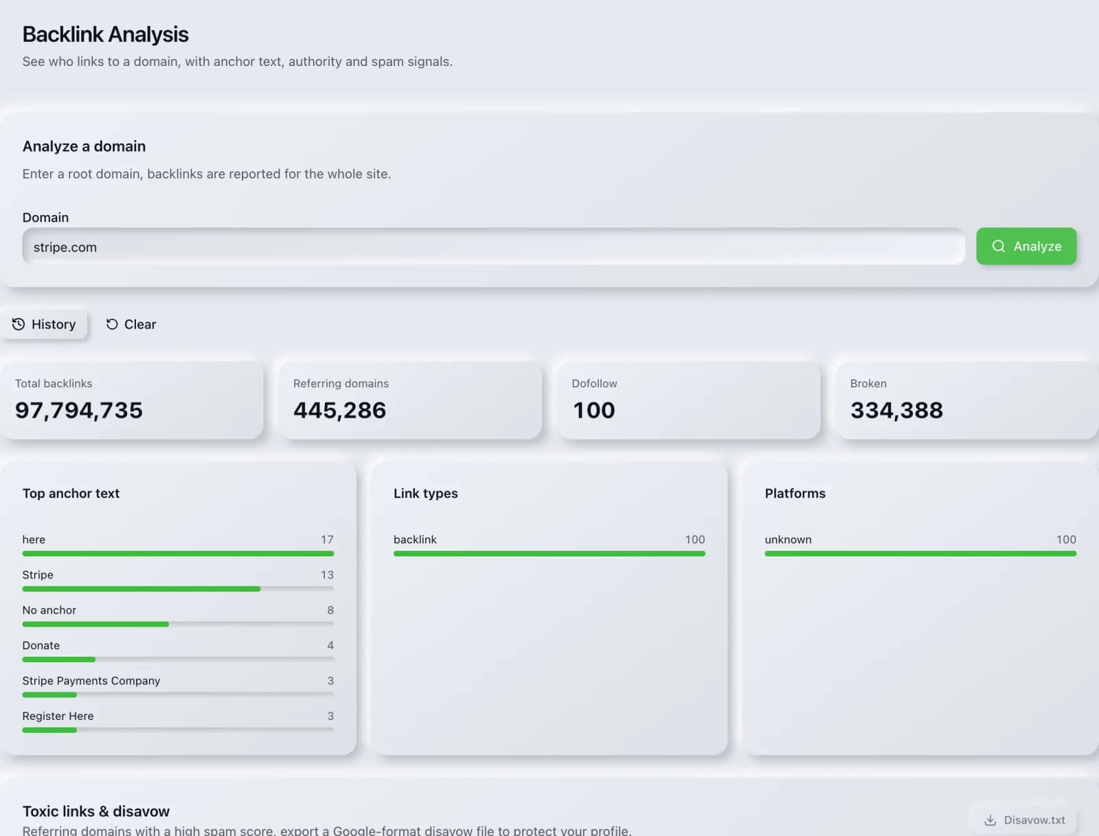 The Backlink Analysis tool in the SEO Roger dashboard, showing a completed run with real results.
