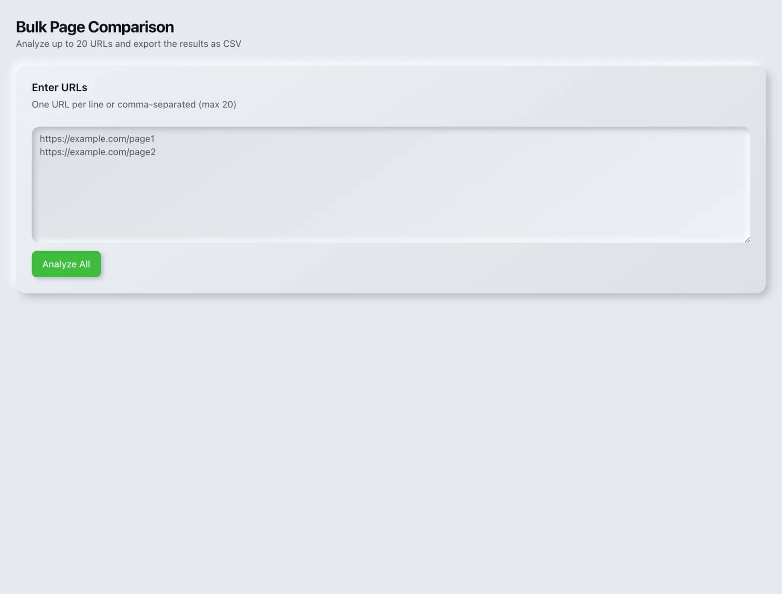 The Bulk Page Comparison tool in the SEO Roger dashboard.