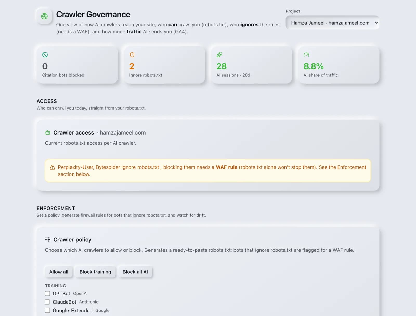 The Crawler Governance tool in the SEO Roger dashboard.