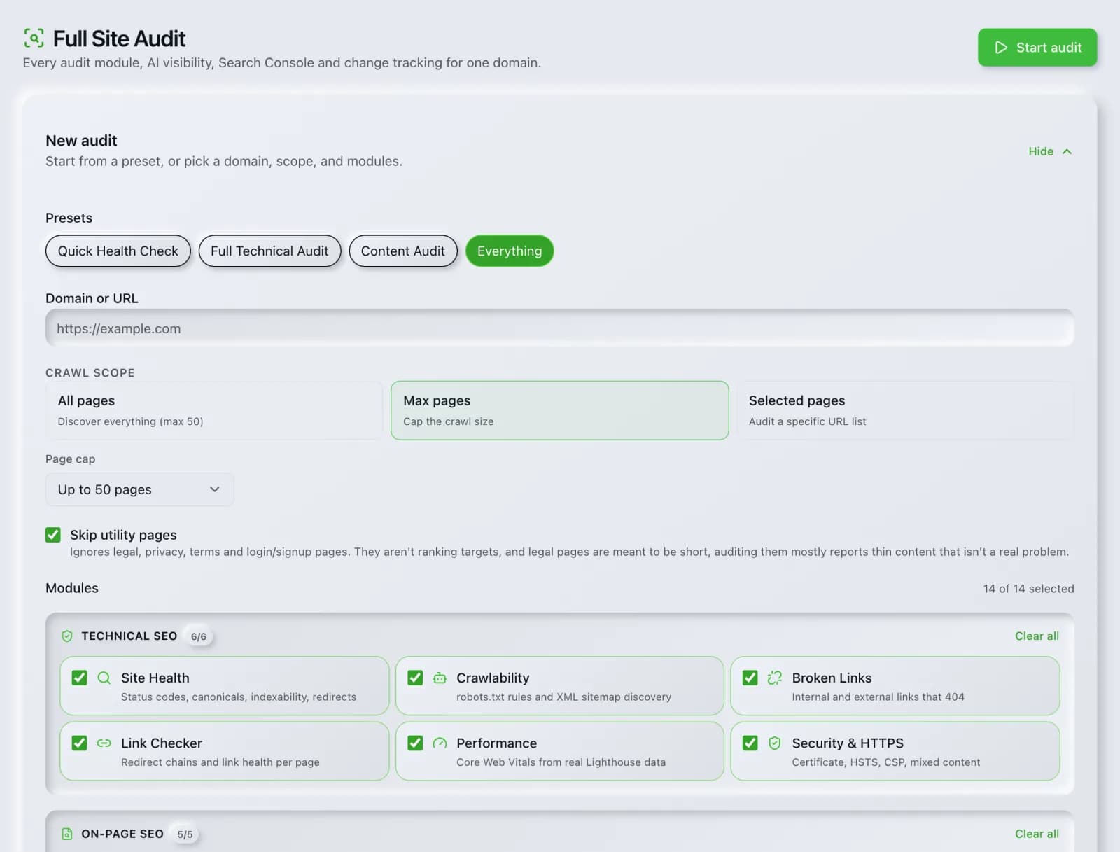 The Full Site Audit tool in the SEO Roger dashboard.