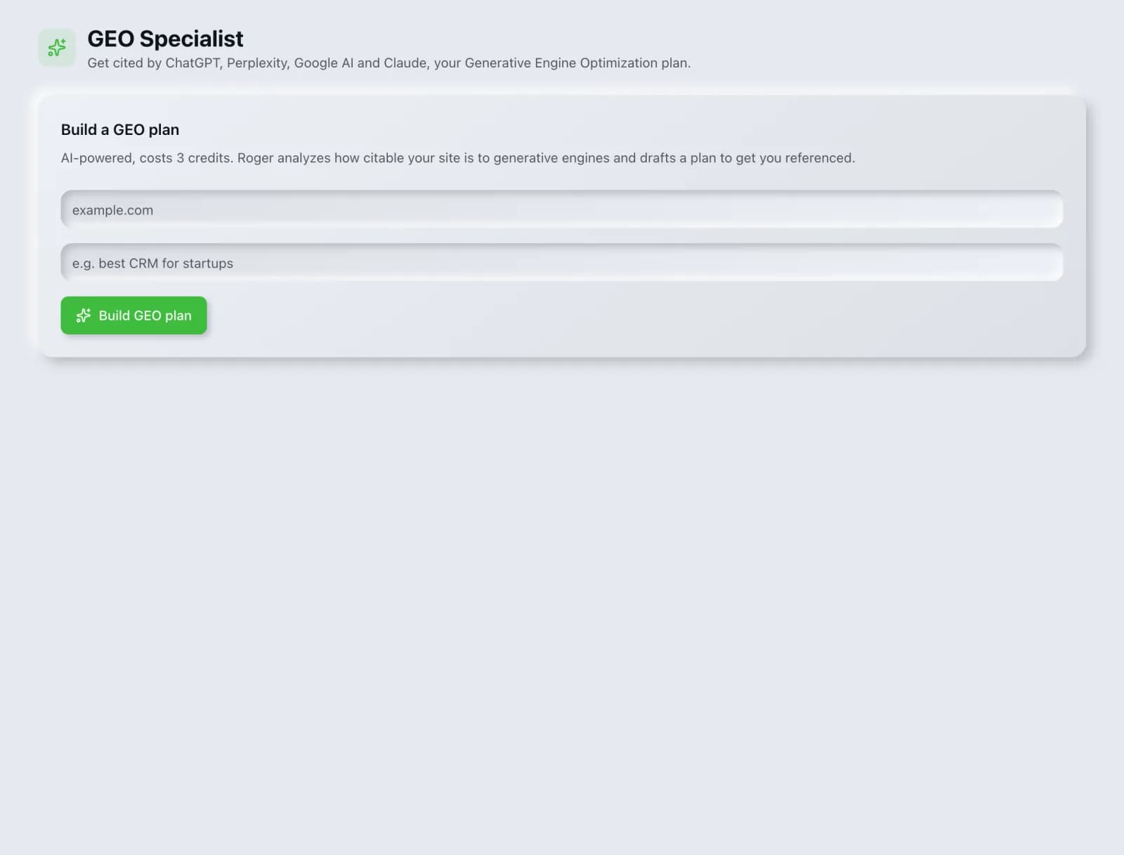 The GEO Specialist tool in the SEO Roger dashboard.