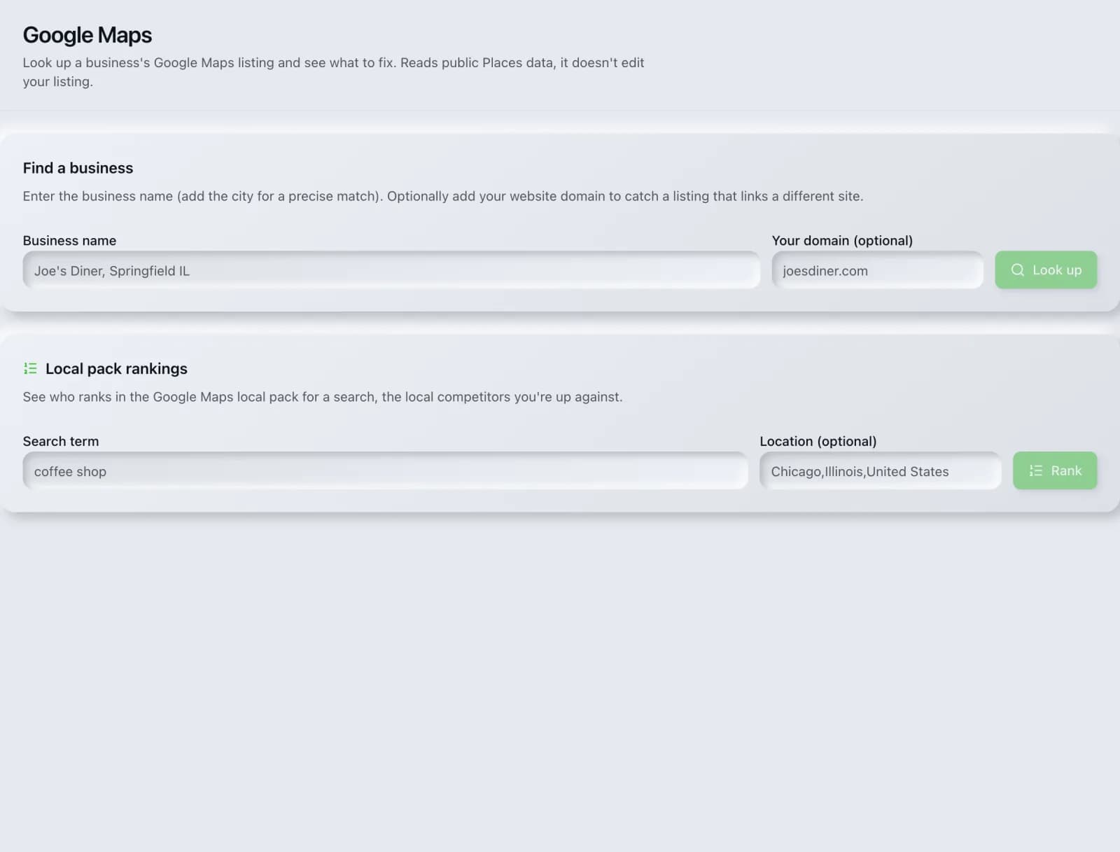 The Google Maps Audit tool in the SEO Roger dashboard.