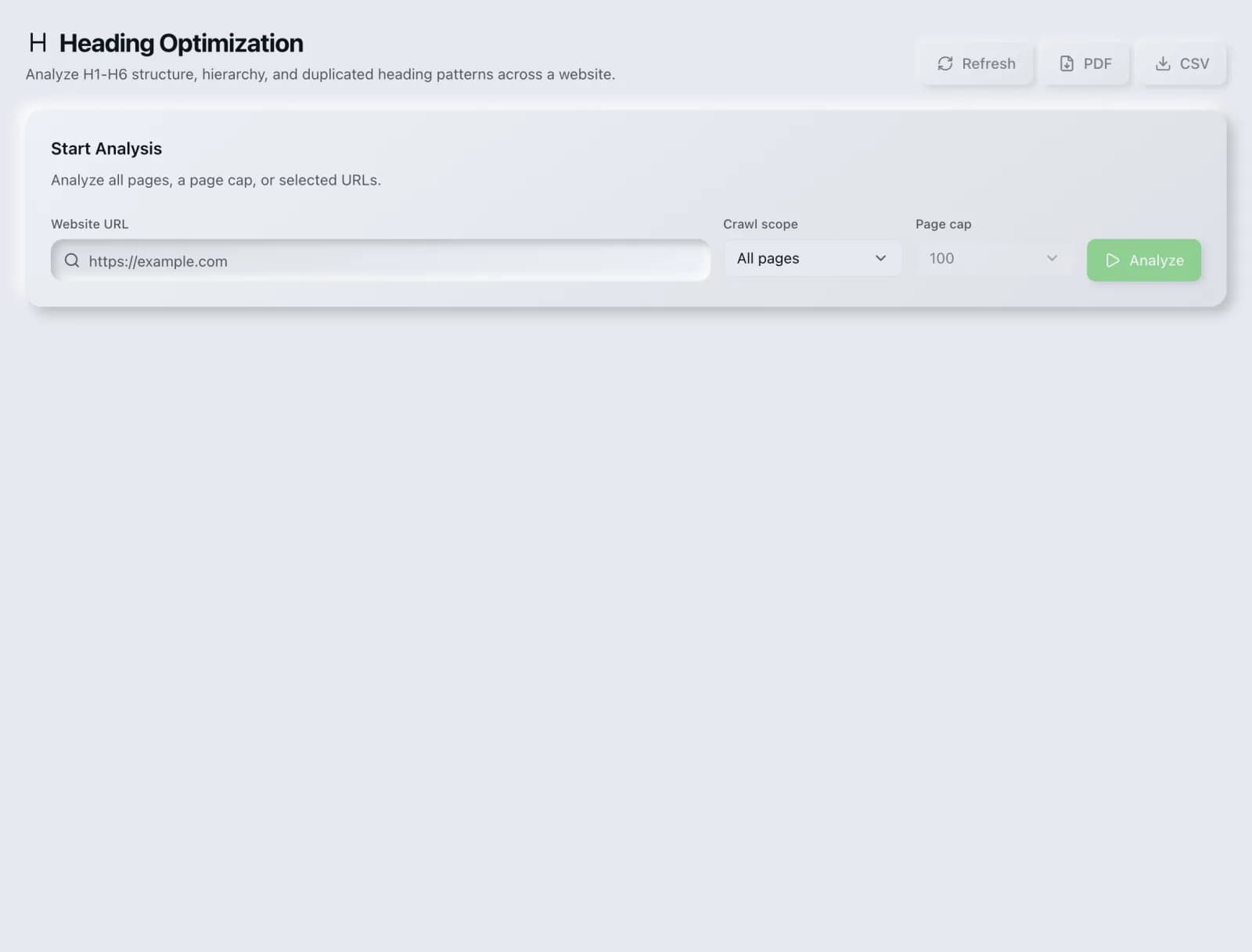 The Heading Optimization tool in the SEO Roger dashboard.