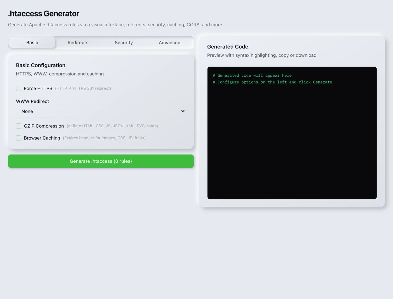 The .htaccess Generator tool in the SEO Roger dashboard.