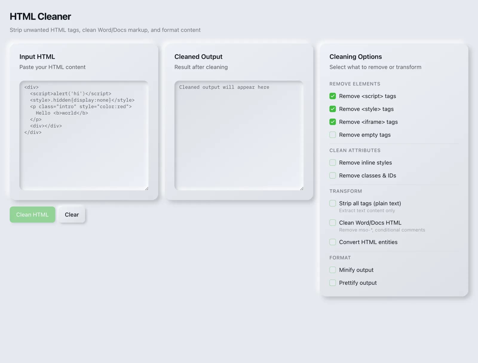 The HTML Cleaner tool in the SEO Roger dashboard.