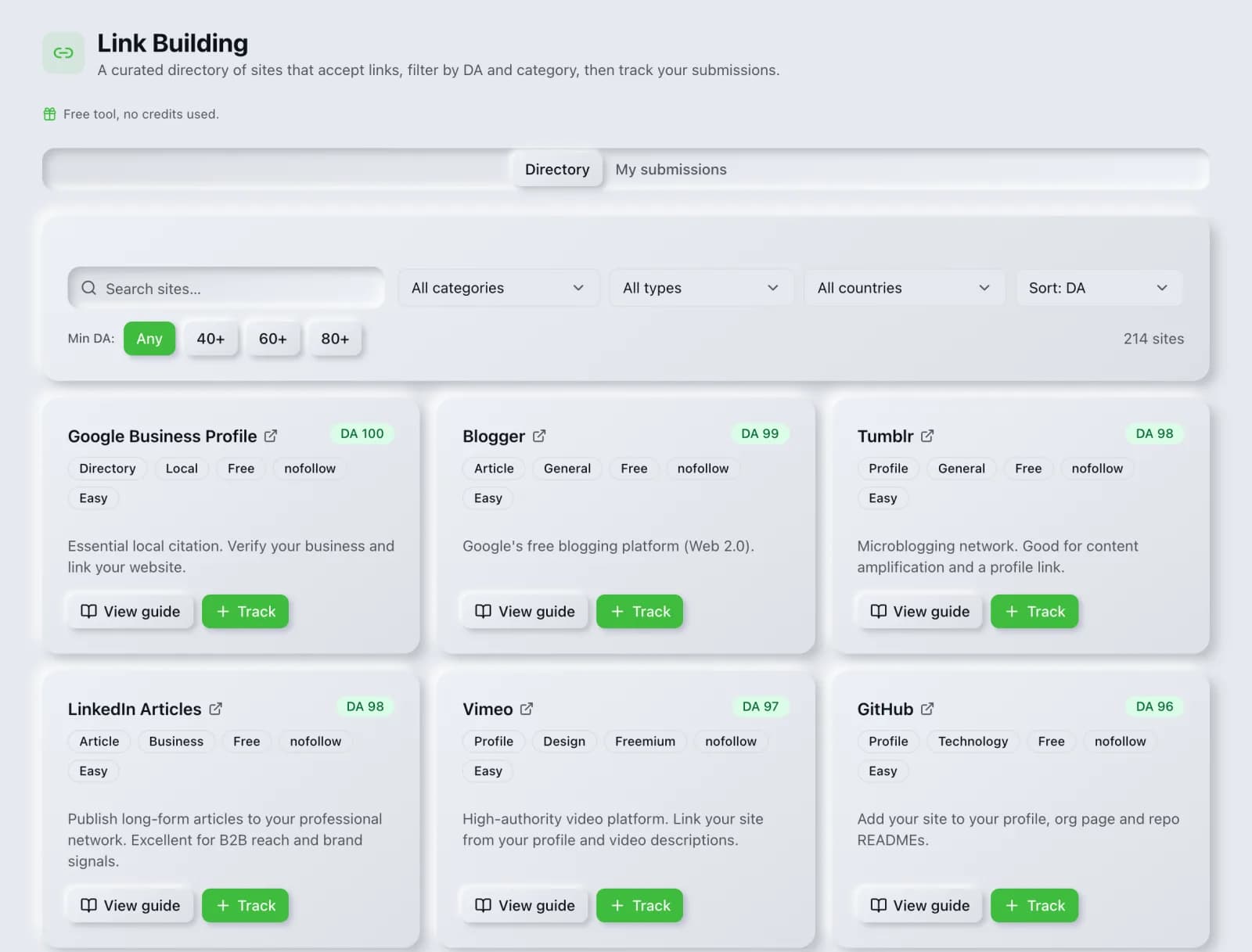 The Link Building tool in the SEO Roger dashboard.