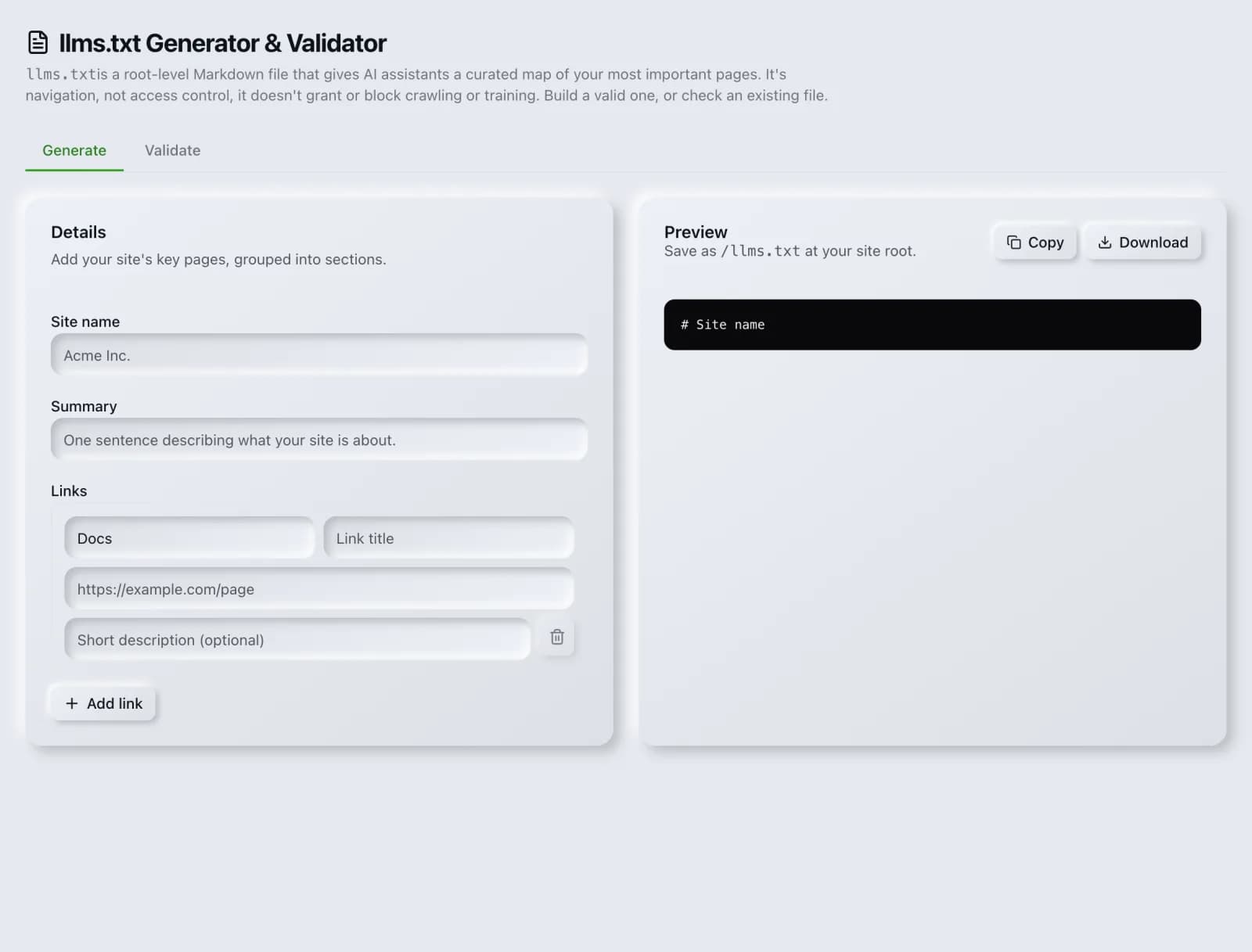 The llms.txt Generator tool in the SEO Roger dashboard.
