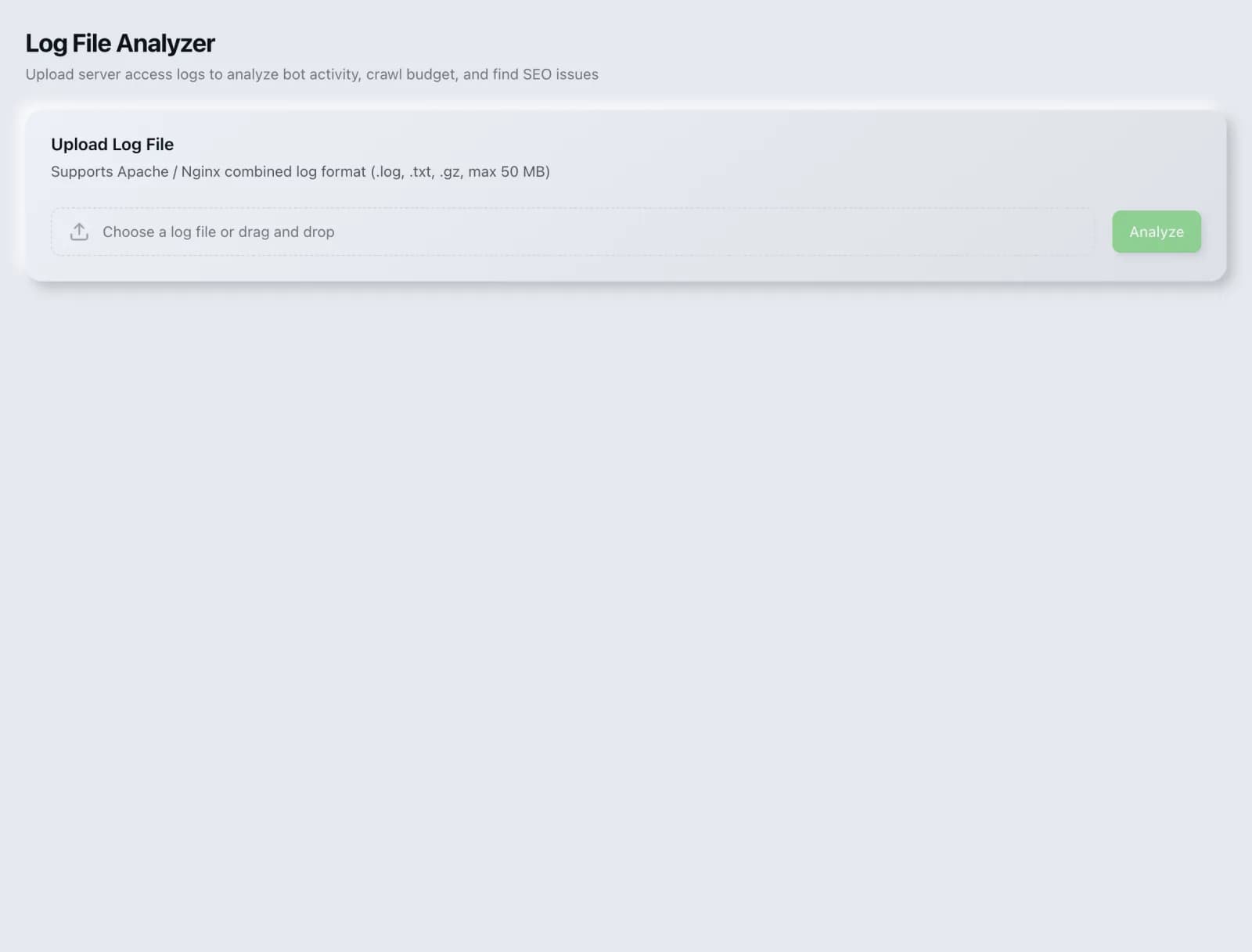 The Log Analyzer tool in the SEO Roger dashboard.