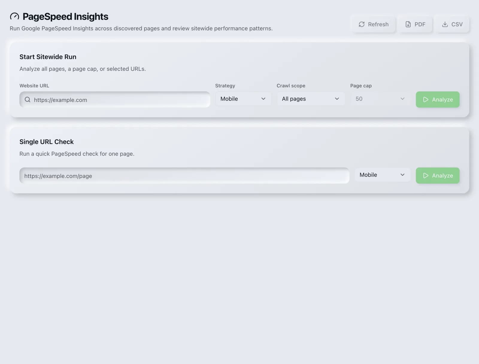 The PageSpeed Insights tool in the SEO Roger dashboard.