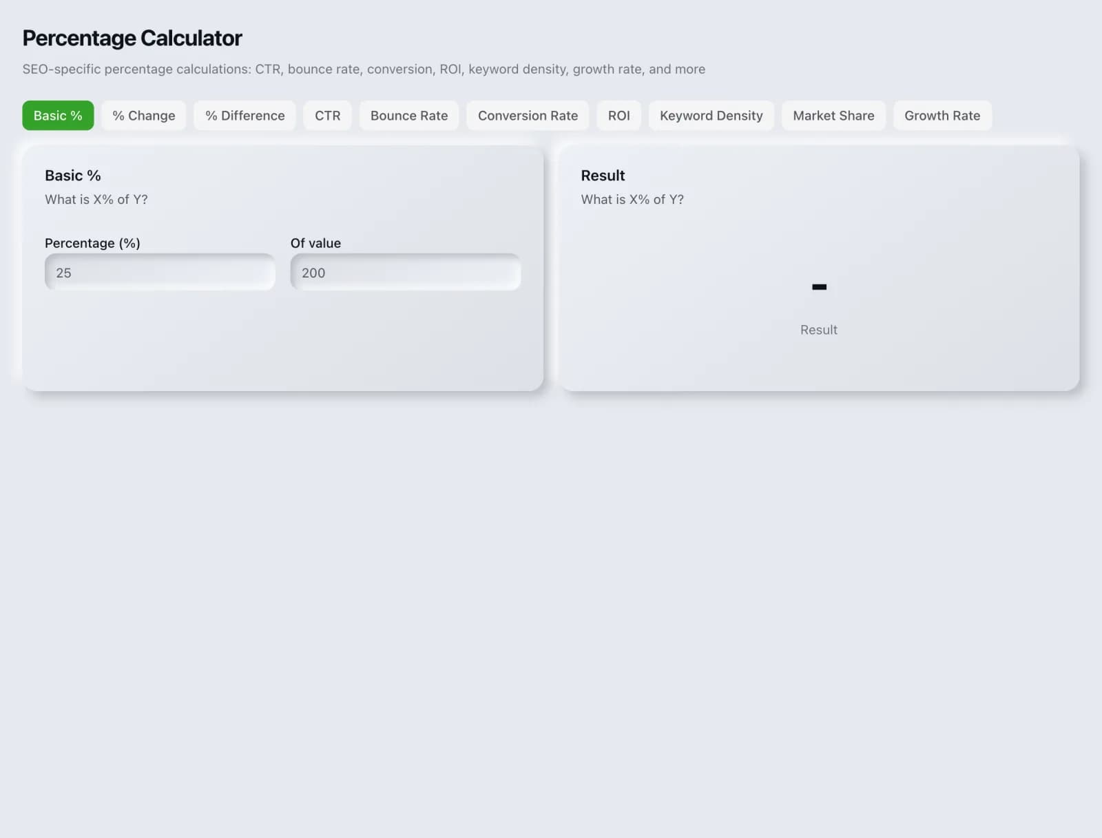 The Percentage Calculator tool in the SEO Roger dashboard.