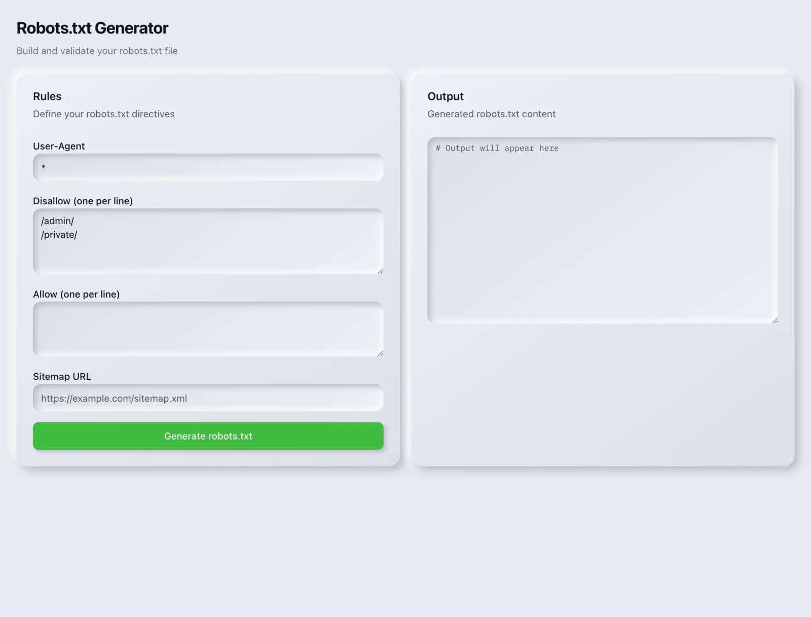 The Robots.txt Generator tool in the SEO Roger dashboard.