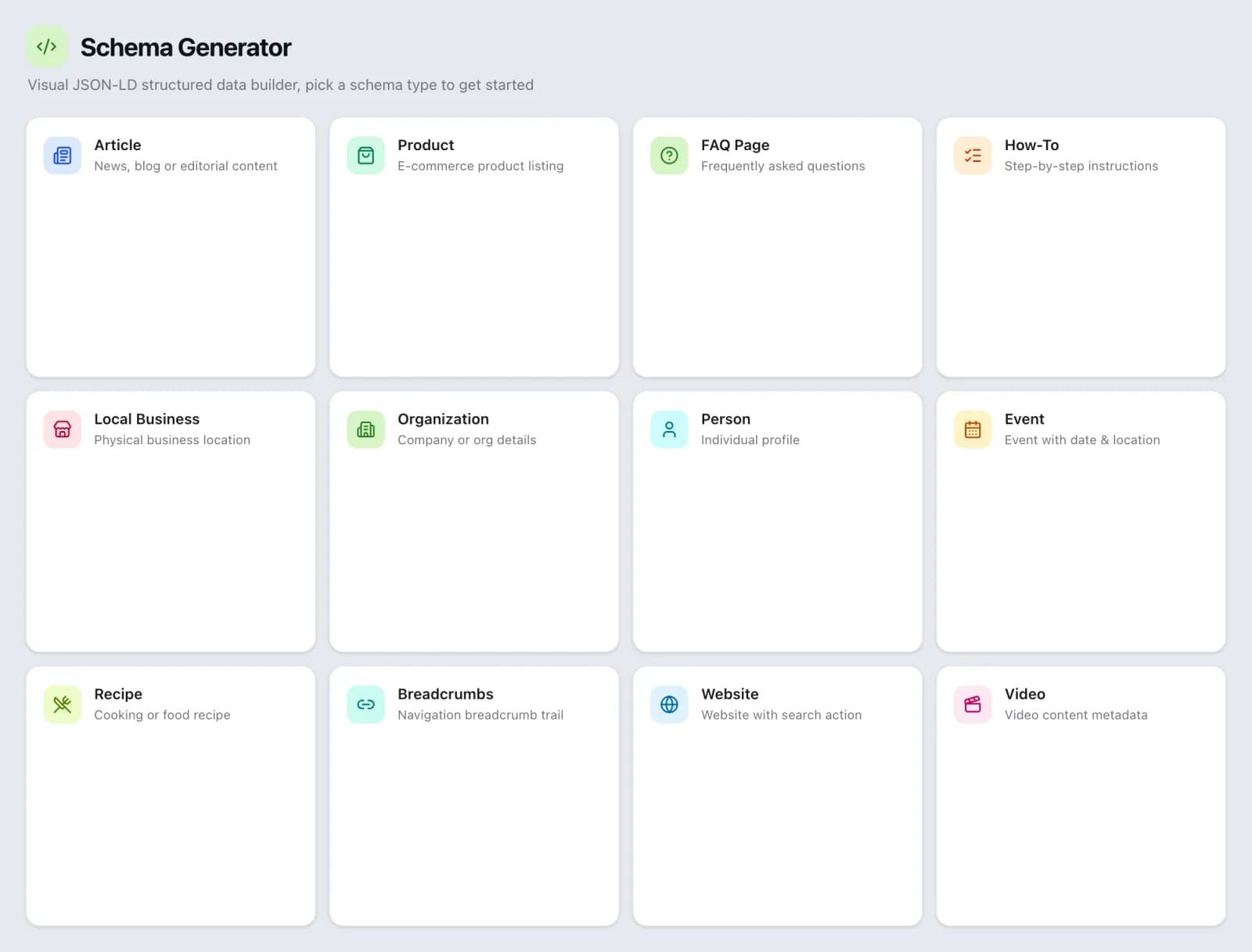 The Schema Generator tool in the SEO Roger dashboard.