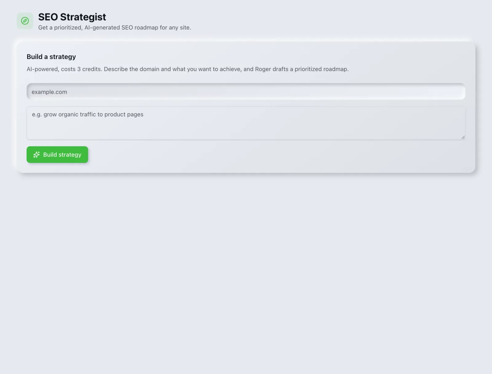 The SEO Strategist tool before a run, showing its inputs.