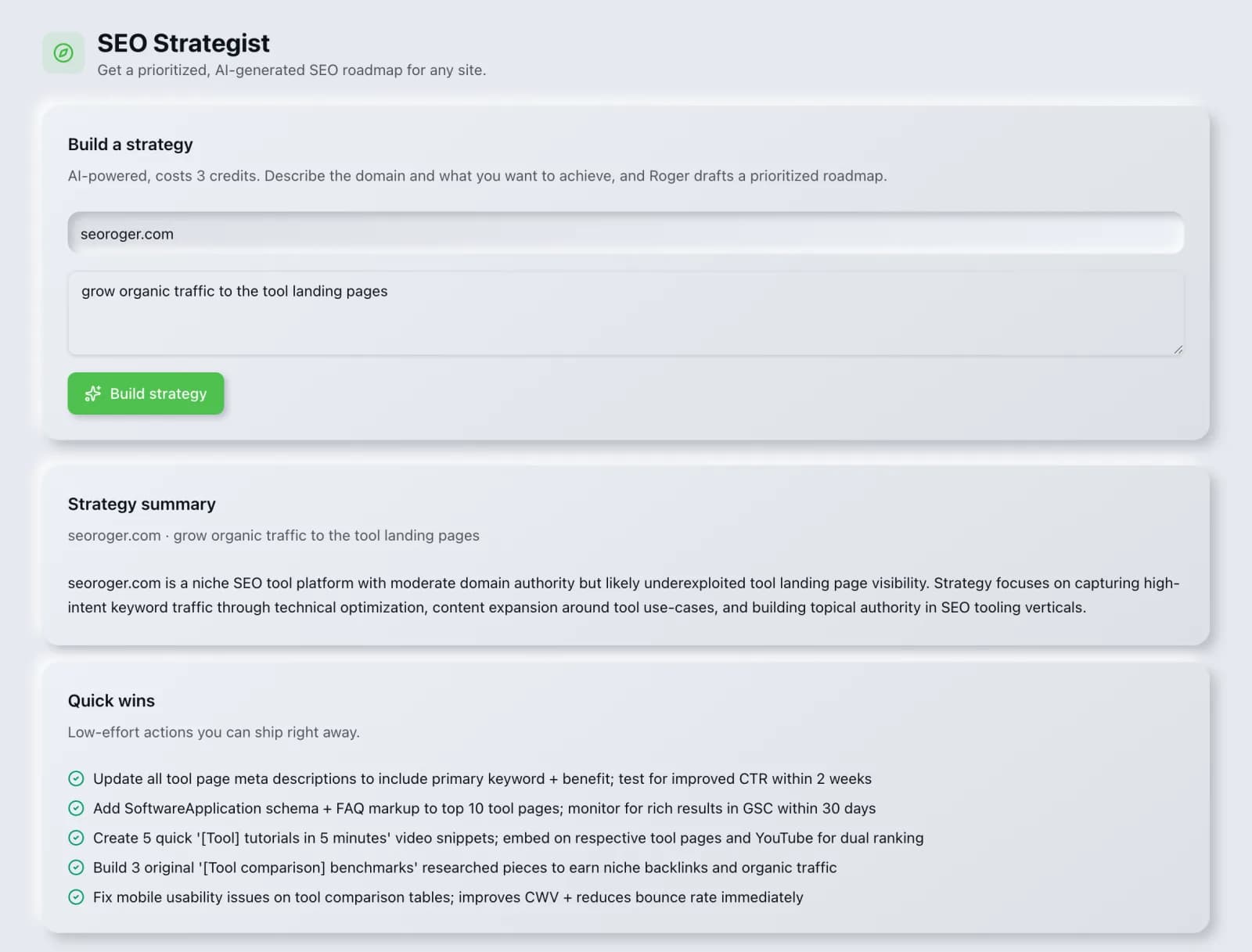 The SEO Strategist tool in the SEO Roger dashboard, showing a completed run with real results.