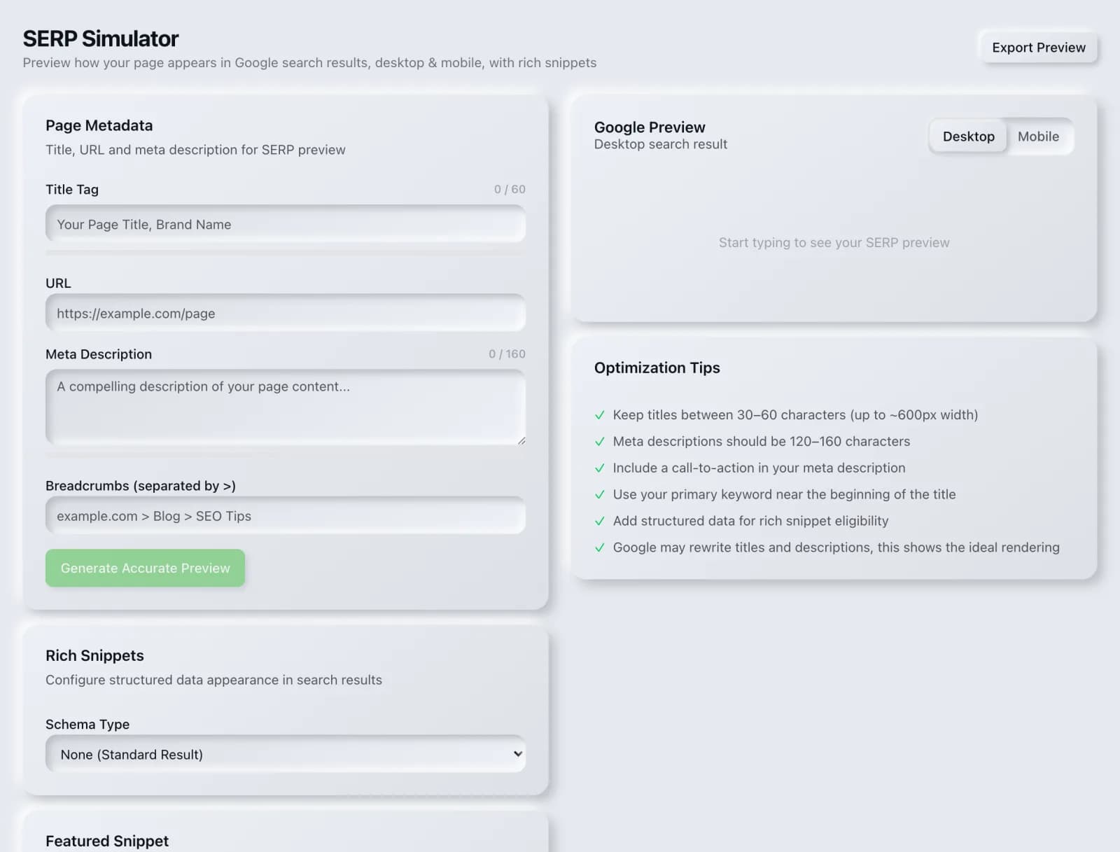 The SERP Simulator tool in the SEO Roger dashboard.