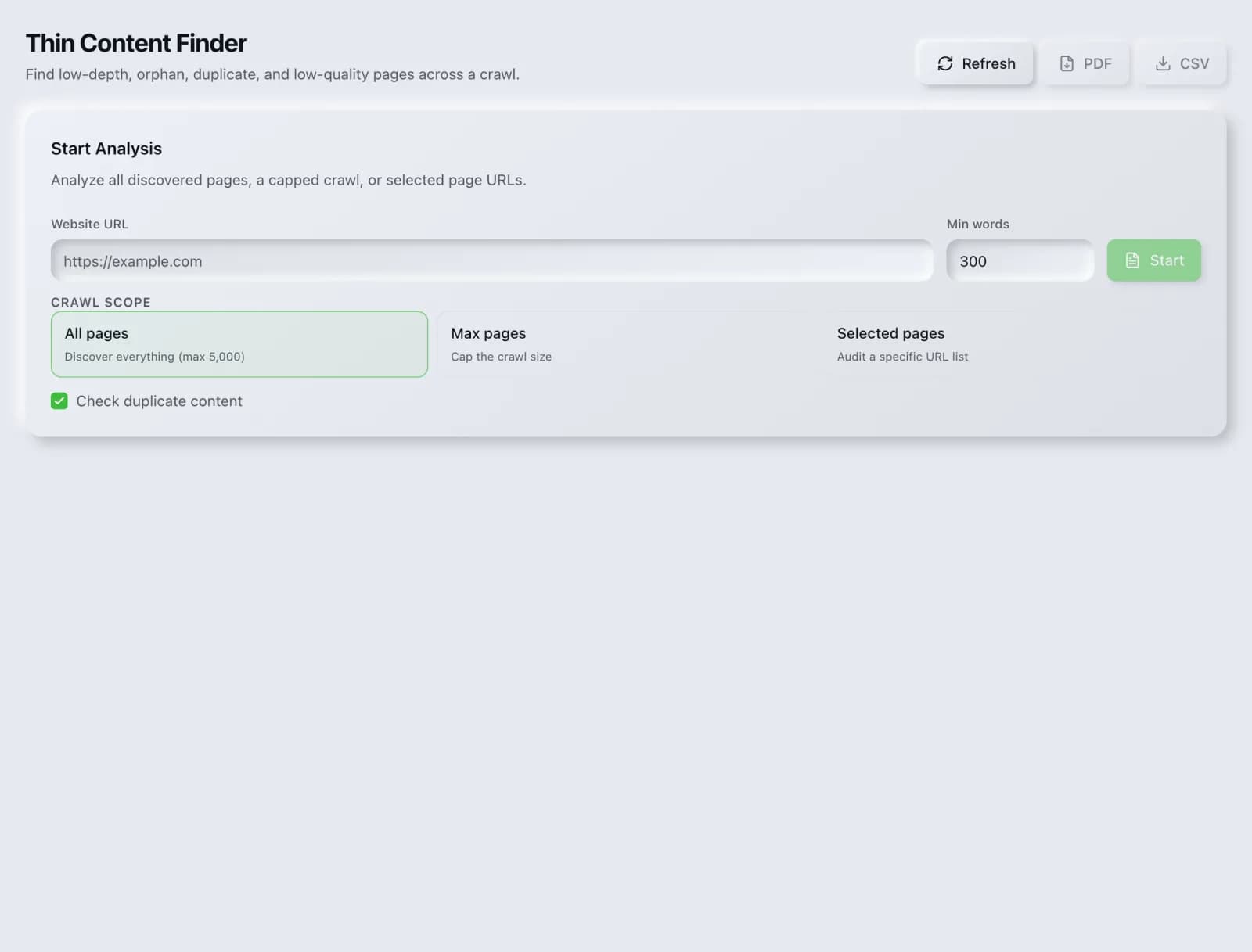 The Thin Content Finder tool in the SEO Roger dashboard.