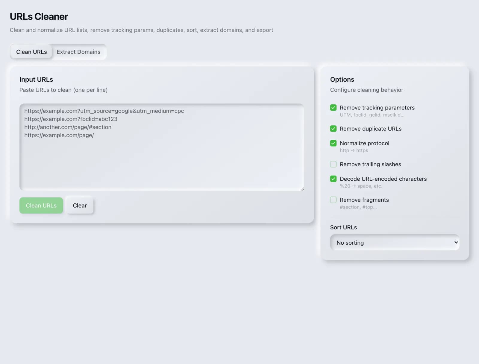 The URLs Cleaner tool in the SEO Roger dashboard.